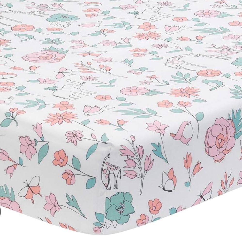 ✅ 3/$10‼️ Lambs & Ivy Pink and Teal Animal Nursery Crib Sheet 100% Cotton
